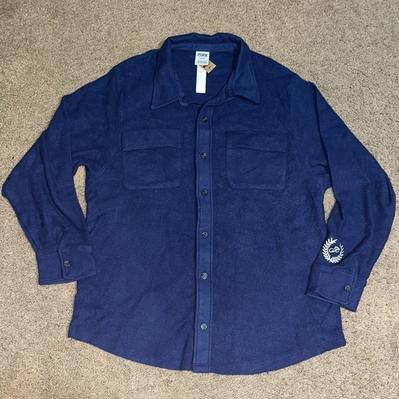 Victoria’s Secret PINK Reverse Fleece Shacket Midnight Navy Blue Medium - Picture 6 of 13